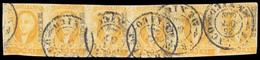 MEXICO. Sc. 2 (6). Used. 1856 1 Real Intense Yellow, Close Settings. Horizontal STRIP OF SIX, With Excellent Margins. Di - Messico