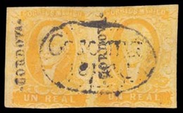 MEXICO. Sc. 2, Used. 1856 1 Real Intense Yellow. Horizontal Pair. Cordova District Name. Central "COSCOMA / TEPEC" In Ov - Messico