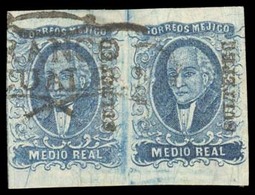 MEXICO. Sc. 1 (2). 1856 1/2 Real Blue Horizontal Pair, Wide Setting. Very Good Margins. SULTEPEC District Name, Bottom T - Messico