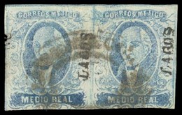 MEXICO. Sc. 1, Used (2). 1856 1/2 Rl Light Blue, Narrow Setting. Horizontal Pair. Lagos District, Cancelled Oval "ENCARN - Mexiko