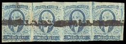 MEXICO. Sc. 1, Used (4). 1856 1/2 Rl Blue, Horizontal STRIP OF FOUR. Very Good Margins, No District Name (Tampico). Star - Mexico