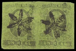 MEXICO. Sc. 7º. 1861 1 Real Black / Green Horizontal Pair. Cuernavaca District Name With  Star. Sch. 215. Extraordinary. - Messico