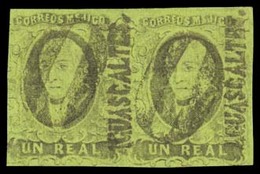 MEXICO. Sc. 7º (2). 1861 1 Rl Black / Green. Horizontal Pair. AGUASCALTES District Name, "O" Cancel. Sch. 12. A Very Rar - Messico