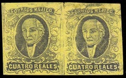 MEXICO. Sc. 9b* (2). 1861 4rs Black / Yellow. Good Margins, Horizontal Mint No Gum Pair. No District Pair. Scarce In Mul - Mexico