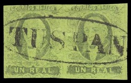 MEXICO. Sc. 7bº. 1861 1rl  Black / Green. Horizontal Pair, No District Name (Tuxpan) With Oval Cancel (xxx), Superb Stri - Messico