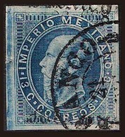 MEXICO. Sc. 32. Maximilian 13c Blue Engraved. Mexico Name, Used (thin At Left Edge). Overprint ERROR 136-668 For 866, Su - Mexico