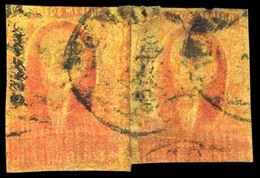 MEXICO. Sc 38º (2). 4rs Red / Yellow 1868 Late Print On Thick Paper. 2 Stamps Good Margins (one Thinned) That Form A Pai - Mexico
