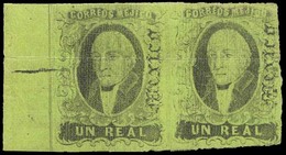 MEXICO. 1867. Gothics. 1rl Black On Green Horizontal Pair. Margin Border At Left + PLATE CRACK (Horizontal Line 15 Mm).  - Messico