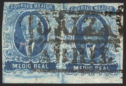 MEXICO. 1856. 1/2 Rl. Blue Horizontal Pair. Orizava Name + Box Cancel. Narrow Selting. - Messico