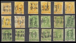 MEXICO. Sc 2º/3º. PUEBLA District. 1rl (x8) And 2rs Green (x10) With Diff Shades, Name Positions. Mostly F-VF (18 Stamps - Mexique