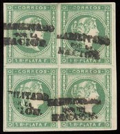 PHILIPPINES. 1869. 20Lº (4). Habilitado Por La Nacion. 1 Real Verde Esmeralda, Bloque De 4 Nuevo, Grandes Margenes, Bord - Filippine