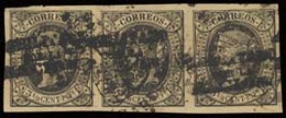 PHILIPPINES. 1869. 20M (3). HPN. 3 1/8c Negro. Tira Horizontal De 3, Mat Judicial. Sobrecarga Parcialmente A Caballo. Bu - Philippinen