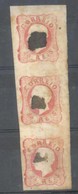 PORTUGAL. 16º. Rose. Vertical STRIP OF THREE, Complete Good Margins (spots), With DIGITAL  Cancelations (made With A Fin - Altri & Non Classificati
