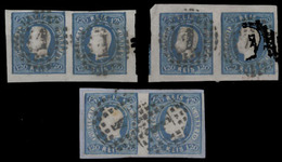 PORTUGAL. 26º. 1866 120rs Blue Imperf Fita Curva. 3 Horiz. Used Pairs (Af.99 Cat Port Esc. 159,300), Two Of Them With Hu - Altri & Non Classificati