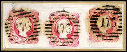 PORTUGAL. 13º Die IV. 25rs. Red-rose. Large Margins, Horiz. STRIP OF THREE Cancelled "176" (***) (Fundâo) - Altri & Non Classificati