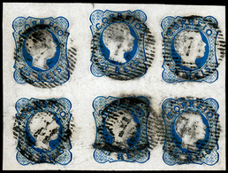 PORTUGAL. 12º Die II. 28rs. Blue BLOCK OF SIX. Large Margins All Around. VF. Used "74" Grills (Santo Tirso). V. Scarce M - Other & Unclassified