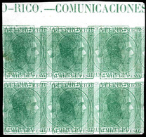 PUERTO RICO. PRUEBA. Bloque De 6. 8m.verde Amarillo. Doble Impresión E Invertida. Con Membrete De Hoja Pto.Rico-Comunica - Porto Rico