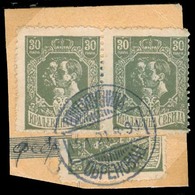 SERBIA. 1918. Yv 141º (2 + 1/2). 30p Pair + Vert Bisected, Tied Obrenovac Cds. On Registration Postal Receipt Fragment.  - Serbie