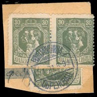 SERBIA. 1918. Yv 141º (2 + 1/2). 30p Pair + Vert Bisected, Tied Obrenovac Cds. On Registration Postal Receipt Fragment.  - Serbien