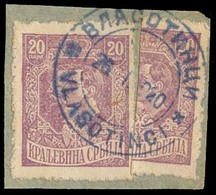 SERBIA. 1918/1920. Yv 139º (1 +1/2) Small Fragment 20p + Bisected Vertically, Tied Blue Cds Vlasotinci. VF. - Servië