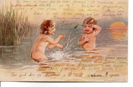 Illustrée Signée W. Fialkovska : Deux Enfants S'éclaboussant Dans La Rivière . - Fialkowska, Wally