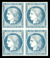 ** N°8b, Non émis, 20c Bleu Sur Azuré En Bloc De Quatre (2ex*), Piece D'une Qualité Exceptionnelle, R.R.R (signé Schelle - 1849-1850 Cérès