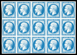 ** N°10c, 25c Bleu, Impression De 1862 En Bloc De 15 Exemplaires (2ex*), Fraîcheur Postale. SUPERBE. R.R. (certificat)   - 1852 Louis-Napoleon