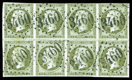 O N°11, 1c Olive En Bloc De Huit Obl GC 3460, Pli En Marge Hors Timbres, Jolie Pièce. TB (signé Brun/certificat)  Qualit - 1853-1860 Napoléon III