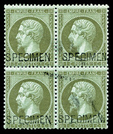 ** N°19f, 1c Vert-olive Surchargé 'SPECIMEN' En Bloc De Quatre, Fraîcheur Postale, R.R. SUP (certificat)  Qualité: ** - 1862 Napoléon III