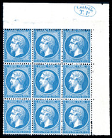 ** N°22, 20c Bleu En Bloc De 9 Coin De Feuille Avec Cachet De Contrôle TB Bleu, Fraîcheur Postale. SUP (certificat)  Qua - 1862 Napoléon III