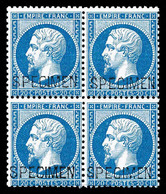 ** N°22d, 20c Bleu En Bloc De Quatre Surchargé 'SPECIMEN', FRAÎCHEUR POSTALE, RARE ET SUPERBE (signé Brun/certificat)    - 1862 Napoléon III.