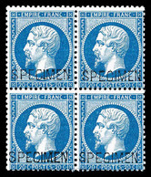 ** N°22d, 20c Bleu En Bloc De Quatre Surchargé 'SPECIMEN', FRAÎCHEUR POSTALE, RARE ET SUPERBE (signé Brun/certificat)    - 1862 Napoléon III