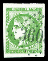 O N°42B, 5c Vert-jaune Rep 2 Obl GC, Belles Marges. SUP (signé Brun/certificat)  Qualité: O - 1870 Emisión De Bordeaux