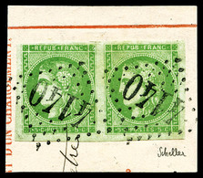 O N°42B, 5c Vert-jaune Rep 2 En Paire Obl GC 4140 Sur Petit Fragment, SUP (signé Brun/Scheller/certificat)  Qualité: O - 1870 Bordeaux Printing