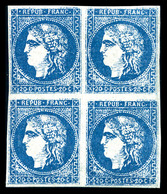 ** N°46, 20c Bleu, Faux De Marseille En Bloc De Quatre (1ex*). TB. R. (certificat)  Qualité: ** - 1870 Bordeaux Printing