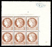 ** N°51, 2c Rouge-brun En Bloc De Six Coin De Feuille Avec Cachet De Contrôle En Bleu, Fraîcheur Postale (certificat)  Q - 1871-1875 Cérès