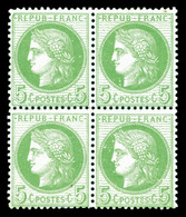 * N°53, 5c Vert-jaune Sur Azuré, Bloc De Quatre. TB (signé Scheller/certificat)   Qualité: *  Cote: 1450 Euros - 1871-1875 Ceres