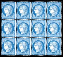 ** N°60A, 25c Bleu Type I En Bloc De 12 Exemplaires (1ex*), Fraîcheur Postale. SUP. R. (signé Brun/Calves/certificat)  Q - 1871-1875 Cérès