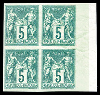 ** N°64a, 5c Vert Type I Non Dentelé En Bloc De Quatre Bord De Feuille Latéral Droit (1ex*), Fraîcheur Postale, Superbe  - 1876-1878 Sage (Type I)