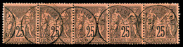 O N°91, 25c Noir Sur Rouge, Bande De 5 Exemplaires, SUP  Qualité: O  Cote: 275 Euros - 1876-1878 Sage (Type I)