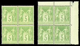 ** N°102 Et 106, 5c Vert Jaune En Blocs De 4. TTB  Qualité: ** - 1876-1878 Sage (Type I)