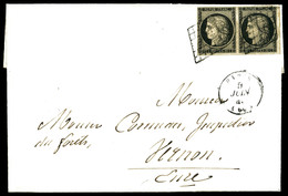 O N°3, 20c Noir En Paire Sur Lettre De Paris Pour Vernon. TTB  Qualité: O - 1849-1876: Période Classique