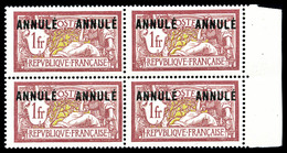 ** N°121-CI 2, Merson 1F Lie De Vin Et Olive Surchargé 'ANNULE' X2 En Bd4, Bord De Feuille Latéral, TTB (certificat)  Qu - Cours D'Instruction