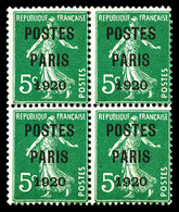 ** N°24, 5c Vert Surchargé 'POSTE PARIS 1920' En Bloc De Quatre (2ex*), Fraîcheur Postale, SUPERBE Et RARE (signé Calves - 1893-1947