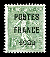 (*) N°37, 15c Olive Surchargé 'POSTE FRANCE 1922', SUP (signé Calves/certificat)   Qualité: (*)  Cote: 700 Euros - 1893-1947