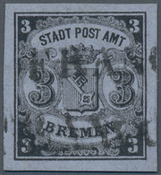 Bremen - Marken Und Briefe: 1855, 3 Gr Schwarz Auf Blaugrau 2x Entwertet Mit L1 FRANCO, Die Marke Is - Bremen