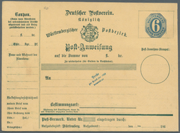 Württemberg - Ganzsachen: 1866, Seltener Post-Anweisungs-PROBEDRUCK 6 Kr. Blau Mit Punkt-Rahmen Um W - Altri & Non Classificati