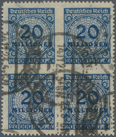 Deutsches Reich - Inflation: 1923. 20 Mio. Mk. Dunkelviolettultramarin, Durchstochen, 4er-Block, Ges - Covers & Documents