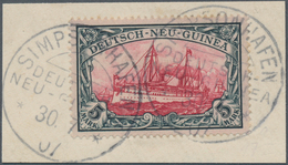Deutsch-Neuguinea: 1901, 5 Mark Schiffszeichnung Entwertet Mit K1 "SIMPSONHAFEN" 1907 Auf Briefstück - German New Guinea