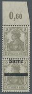 Deutsche Abstimmungsgebiete: Saargebiet: 1920, "2 Pfg. Germania/Sarre" Als Senkrechtes Obrrandpaar O - Briefe U. Dokumente